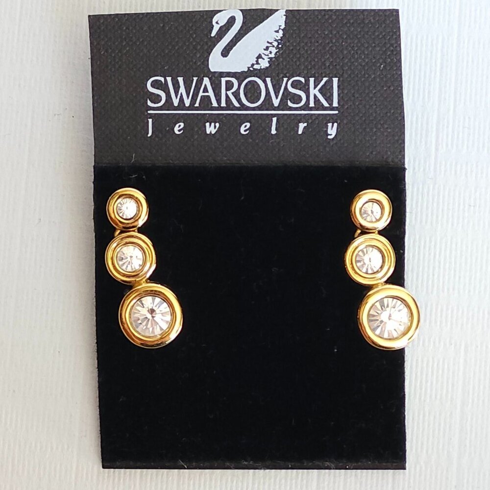 VINTAGE SIGNED SWAROVSKI 3 Stone Gold tone Rhinestone Drop Pierced Earrings NEW